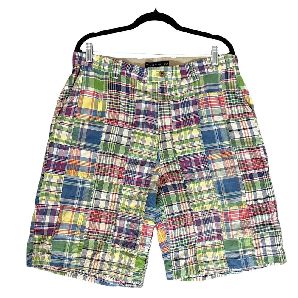 VTG Y2K Tommy Hilfiger Men 34 Madras Patchwork Plaid Chino Shorts Preppy Golf
